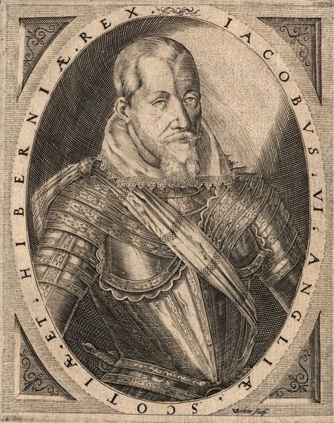 Drawing or print. A black and white portrait of a man from head to waist contained within a circular frame. He has a neatly-trimmed beard, wears stiff metal armour, and has a white lace collar peeking out from the top. Text is inscribed into the frame around him. 