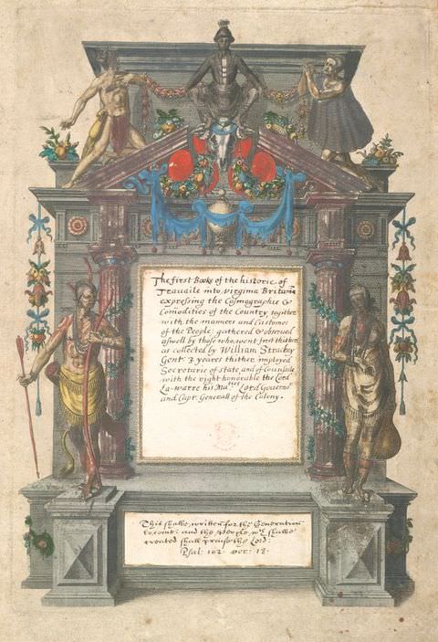 Page of a book. A book illustration of a tall, rectangular ornately decorated stone structure. Two protruding platforms at the base hold standing, partially dressed figures, and at the top are three more figures in different stages of dress. Colourful decorations including plants and flowers are suspended from the top and front of the structure.
