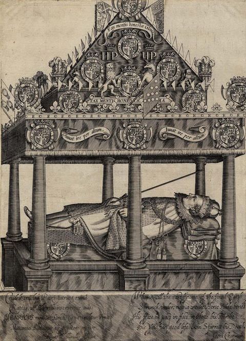 Page of a book. A book illustration illustrates a small, open stone structure, with a pointed ceiling supported by a series of pillars. Within the centre of the structure is a reclining figure dressed in elaborate, regal clothing including an ornate crown. The ceiling area is richly decorated with royal regalia, while a small passage of text runs below.