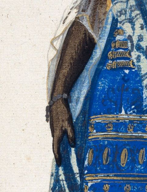 Drawing. A close-up detail of a drawing. This cropped view shows a black woman’s right hand and lower arm almost touching a section of her blue and gold patterned dress. She wears a beaded bracelet on her wrist.