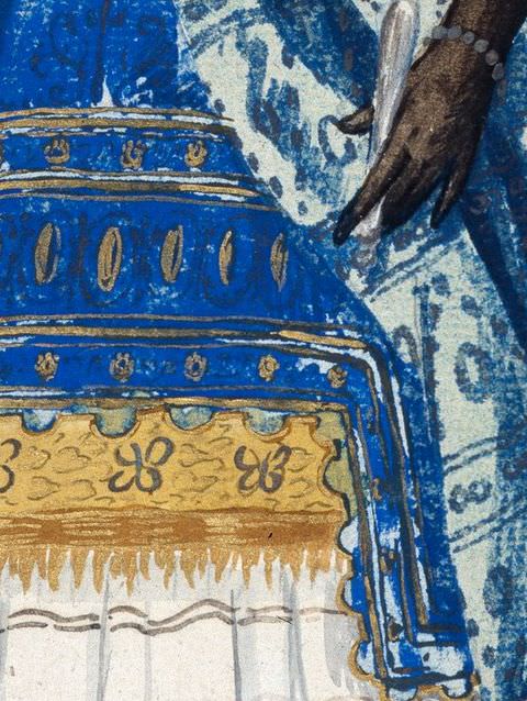Drawing. A close-up detail of a drawing. This cropped view shows a black woman’s left hand and lower arm holding a paper fan over her blue and gold patterned dress. She wears a beaded bracelet on her wrist.