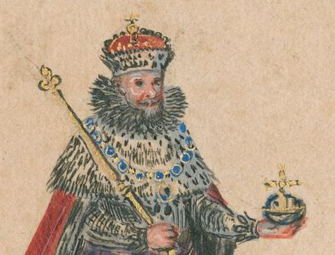 Drawing. A colourful drawing of a king from head to waist, wearing a crown, a ruffled, stiff collar, and a long fur cape. He is pushed to the left of the image. In his left hand he holds an orb bearing a cross, and in his right hand he rests a long staff on his shoulder.
