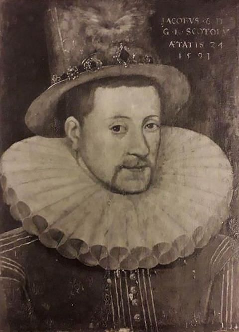 Black and white photograph. A black and white photo of a portrait painting, showing a man seen in a head to shoulder view, wearing a stiff white collar around his neck and a tall hat adorned with jewels around its trim. 