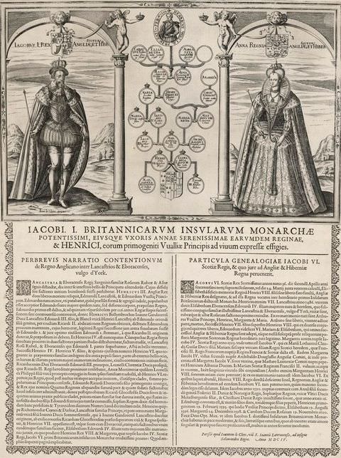 Page of a book. The upper portion of the book page contains an illustration featuring a man on the left, and a woman on the right, between which there are two pillars framing a drawing of a family tree. Below them is a longer passage of typed text.