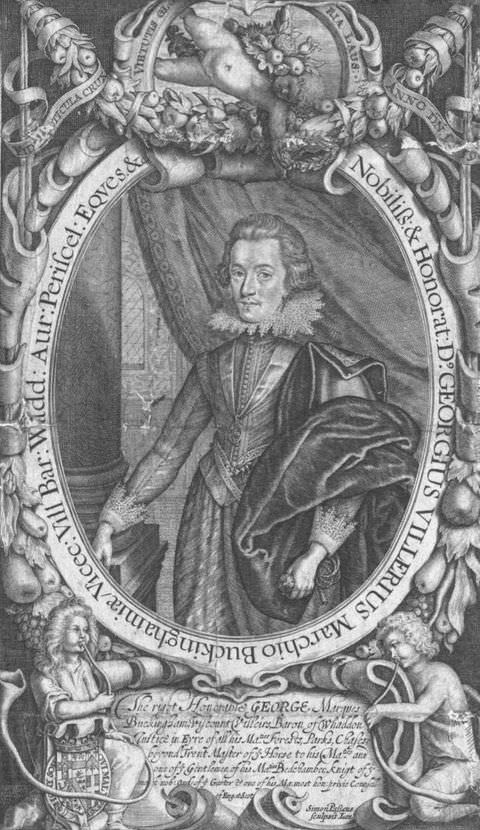 Page of a book. A black and white illustration showing a head to shoulder portrait of a man wearing tightly-fitted, historical clothing. He is contained within an oval frame, which is covered with a passage of text running around it. Around the oval are a series of decorations including angels, fruit, and ribbons.