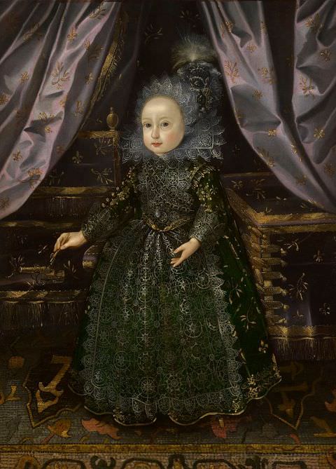 Painting. This colourful painting depicts a standing young child dressed in rich and ornate clothing, set within an indulgent interior. The child wears a long green dress adorned with gold embroidery, along with a lace collar and bonnet. Behind them two pale purple curtains decorated with golden embroidery in a satin-like fabric wing outwards into the space beyond.