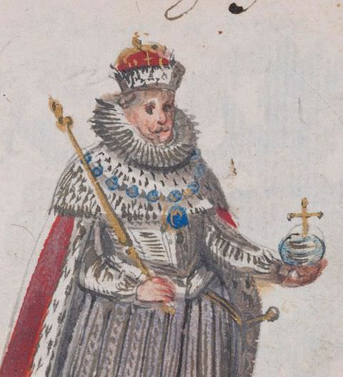Drawing. A close-up detail of a larger drawing. This detail shows a king from head to upper thigh, wearing a fitted white jacket, a red velvet and ermine fur cape, a stiff, ruffled collar, and a golden crown. He holds a golden orb in one hand, and a staff leaning on his shoulder in the other.
