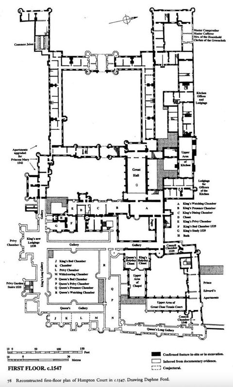 Architectural plan. A black and white floorplan showing a large area of floor that includes a Great Hall, the King’s Bed Chamber, the King’s Watching Chamber, the King’s New Lodgings, and a Privy Chamber. Text on the lower left reads, ‘FIRST FLOOR. C.1547.’