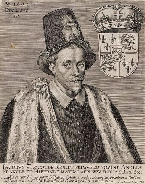Page of a book. A black and white portrait of a man from head to waist, who faces towards the viewer. He is wearing an ermine fur trimmed coat and a tall, embroidered hat with a feather in front. To the right of the image is a decorated shield, topped with a crown. A passage of text runs along the bottom of the image.