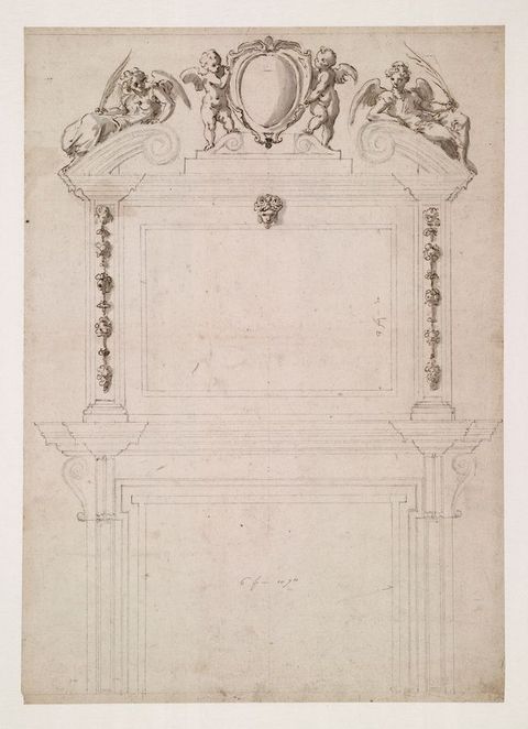 Drawing. A black and white, partially finished study of a rectangular, upright statue façade with a symmetrical design and various curvilinear details. In the top centre, two standing cherubs hold and oval shape, while behind each of them is a reclining angel holding a feather form.