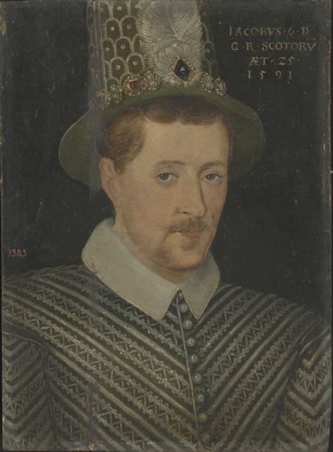 Painting. An intimate portrait of a young man, seen from head to shoulder, facing us with a serious expression, against a black backdrop. He wears a jacket with chevron stripes, and a tall, richly decorated hat bedecked with jewels and a feather. To the right of the image a passage of text bears the date, ‘1591’. 