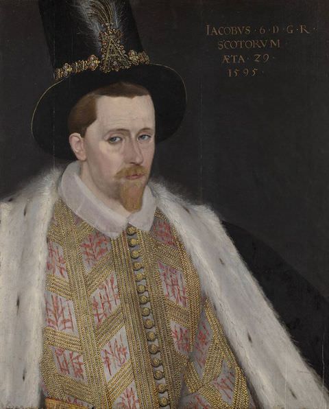 Painting. A colour portrait of a man seen from head to waist, wearing a fur lined, cape, a gold embroidered jacket and a tall black hat decorated with a feather and jewels. He is pushed slightly to the left of the image, and gold text is inscribed on the upper right corner.