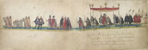 Drawing. A wide sheet of white, aged-looking paper contains a procession of people marching to the left along a blue ribbon of colour, lined by green. People wear colourful, historical costumes including long, floor-length capes and tall, feathered hats. On the right of the image, a cluster of people hold a red canopy over a man dressed in red and purple.
