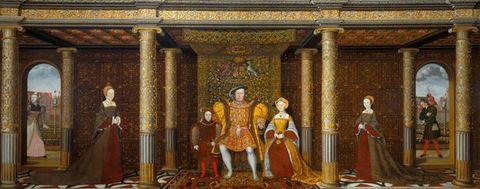 Painting. AA colourful, patterned painting depicting a courtyard-like space in shades of brown, yellow, and red. Open, arched doorways on the far left and far right revealing outdoor space beyond. In the centre of the image is a seated man wearing vivid yellow clothing, flanked on either side by women and a child. 