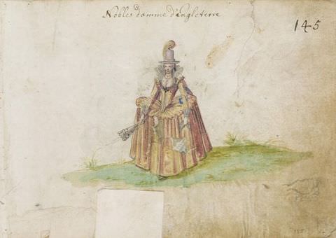 Drawing. A coloured illustration on white paper, showing a regally dressed woman standing on a patch of green grass. She wears a full-length pink dress with a corseted waist and padded skirt, a stiff white lace collar encircles the back of her neckline, and she wears a tall pink hat with a yellow, feathered plume.
