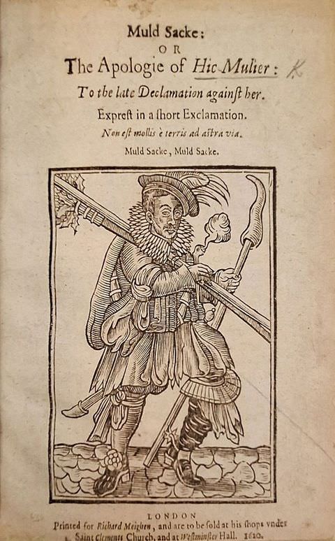 Page of a book. This book page features an illustration of a man dressed in shabby clothing, while carrying long poles over one shoulder, and another upright in the other hand. Text above the illustration includes the passage ‘The Apologie of Hic Mulier’. 