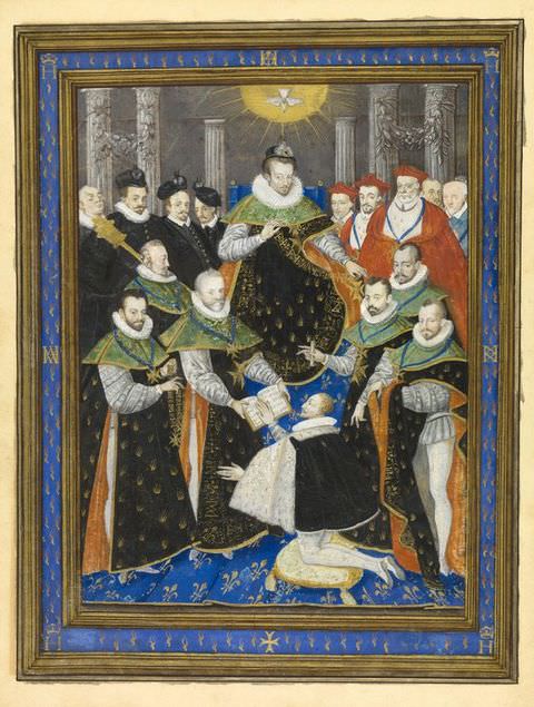 Painting. This colourful painting features a series of people dressed in ornate robes in shades of red, black, green and gold. In the centre, one person is raised slightly higher than the others, and above them the lower half of a yellow sun beams out rays of light. The painting is contained within a gold frame.