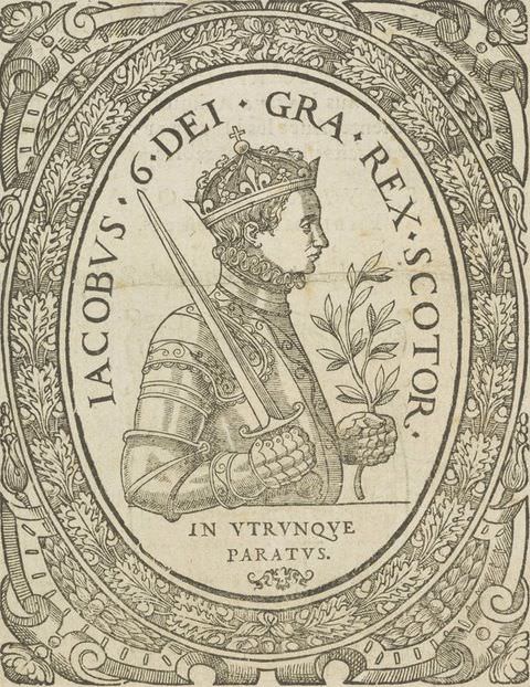 Page of a book. A black and white illustration showing a head to waist portrait of a young man seen from a side on view, contained within an oval shape. He wears a crown and armour, with a sword resting on one shoulder, holding a plant cutting in the other hand. Text encircles his portrait. Around the oval are detailed patterns featuring leaves and scrolls.