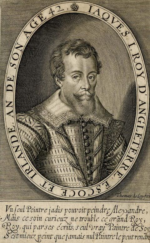 Page of a book. A black and white book page featuring a portrait of a man contained within an oval frame, which has text inscribed around on it. The man is seen from head to chest, wearing a smart, fitted jacket with a white lace trimmed collar. A small passage of text runs below the portrait.