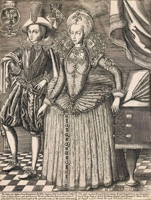 Print. In this black and white, portrait format drawing a woman dressed in historical costume including a corset and a bustle fills the page. To her side is a man dressed in tights, a corset and short trousers, while small details from the interior behind them are just visible, including a table and a chequered floor. Below the image a small passage of text is visible.