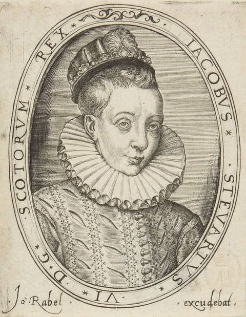 Drawing. A black and white portrait of a man seen from head to chest, situated within an oval frame. He wears a stiff, protruding collar, and a small, decorated hat. Upper case text runs within the frame, and handwritten text is in the lower left and right corners.