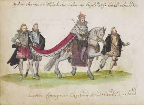 Drawing. A colourful drawing on white paper showing a man on a white, decorated horse wearing a crown and a royal robe, being led to the right of the image by another man in a black cape and patterned coat. Behind the horse are two more men wearing fitted coats and knee-length skirts. Handwritten text runs along the top and bottom of the drawing.