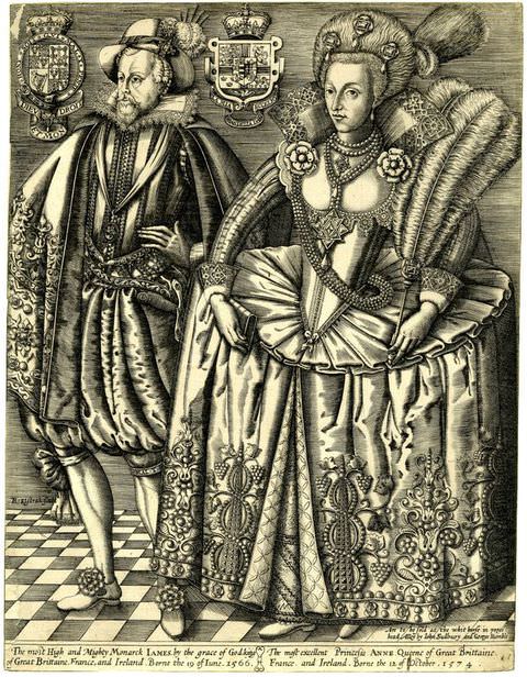 Page of a book. In this book illustration, we see a man and a woman standing closely side by side within an interior space that has a chequered floor. They are wearing regal, historical clothing, including satin fabric, with embroidery, corsets, and jewellery. Royal insignia is placed beside each of their heads, and a small passage of text runs along the base.
