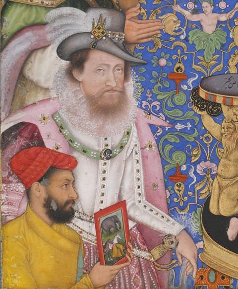 Painting. A colourful painting with an intricately patterned blue background in shades of blue, green, and orange. In the centre is a man dressed in pink and white clothing, and a tall, grey decorated hat. To his lower left is another man with a black beard, wearing a red turban and a yellow robe. 