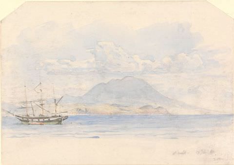 Painting. A delicate painting of a seascape in pale shades of blue, green, and beige. The painting centres on the view across a passage of lapping water with a green boat on the left, and a domed mountain in the distance, with gently billowing clouds above.