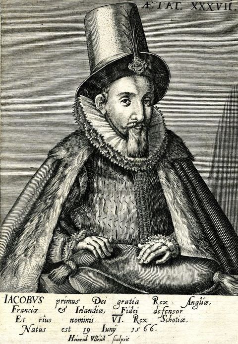 Page of a book. A black and white drawing or print of a man seen from head to waist, wearing a fur-trimmed cape, a stiff collar, and a tall had adorned with a feather at the front. His hands rest on a cushion placed on a surface before him. A passage of text runs along the bottom of the image.