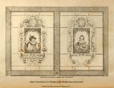 Page of a book. A black and white book illustration with two rectangular shapes, each of which houses an oval, within which is a smaller oval containing a head to shoulder portrait of a man dressed in historical clothing. Text running below this drawing reads, ‘Upper Compartment of a Window in the Chicken House, Hampstead’. 