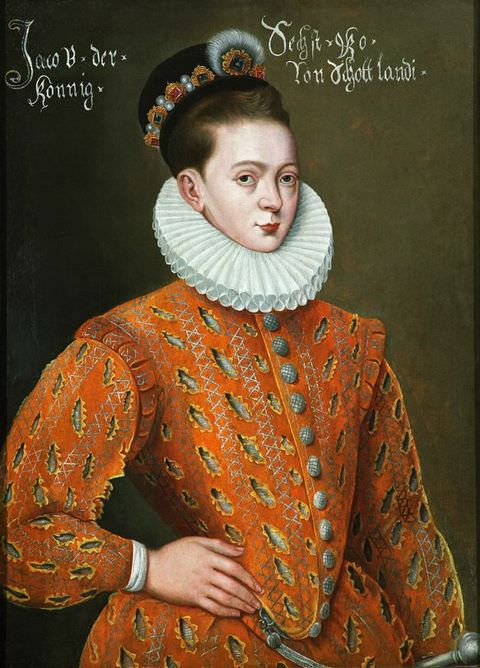 Painting. A colour portrait of a young man seen from head to waist. He stands in front of a dark green background with one hand on his hip, and wears a traditional jacket in a deep orange shade, covered with floral embroidery and a corset waist. The man has a stiff, white ruffled collar around his neck and a small black hat on the back of his head, which is adorned with jewels. Curvilinear text is inscribed on the painting to the upper left and right of his head.
