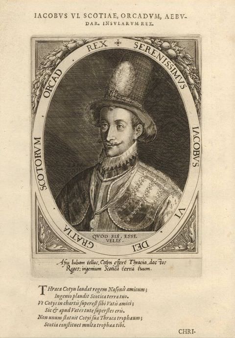 Page of a book. In this black and white book page we see a portrait of a man from head to chest contained within an oval frame. He wears a glossy, embroidered jacket and a tall, dark hat with a feather on the front. The frame is inscribed with text, and surrounded by small areas of decoration. Below the frame are several passages of text.