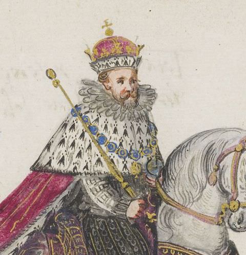 Drawing. A close-up detail of a larger drawing. The detail shows the head of a king, wearing a golden crown with an ermine fur trim and purple lining, and a red velvet and ermine fur cape. He is sitting on a decorated white horse, just visible on the right of the image.