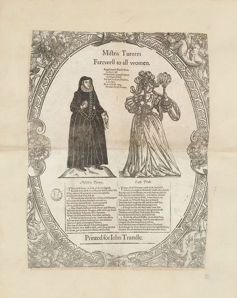 Page of a book. In this black and white book page is an ornate frame with an oval opening in the centre. Within this centre stand two women, one dressed all in black and the other all in white. Above them reads the text ‘Mifris Turners Farewell to all women’. A further passage of smaller text runs below them within the frame.