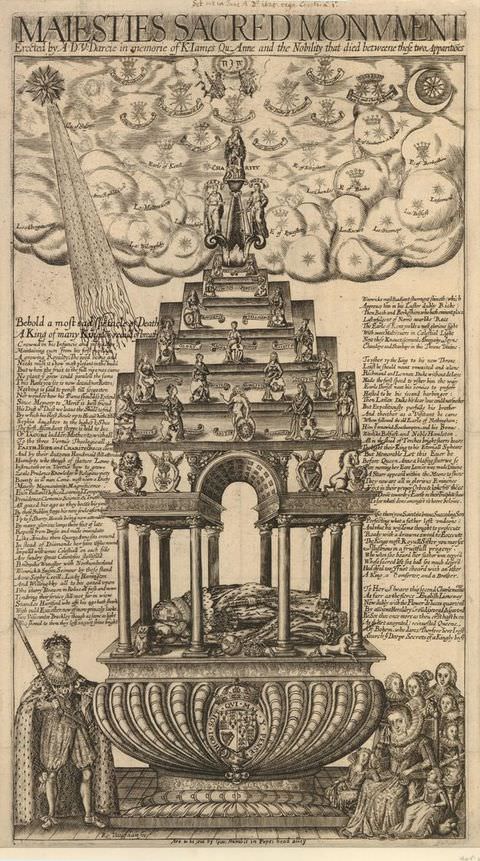Print. This black and white book page featuring an image of a complex architectural monument. In its centre is an open area with pillars and an arched ceiling, within which a reclining figure in an ermine coat lies. More regally dressed people can be seen on the left and right of the monument’s base. Overhead, puffy clouds are interspersed with text. More writing runs on either side of the monument, while a title at the top reads, ‘MAIESTIES SACRED MONUMENT’. 