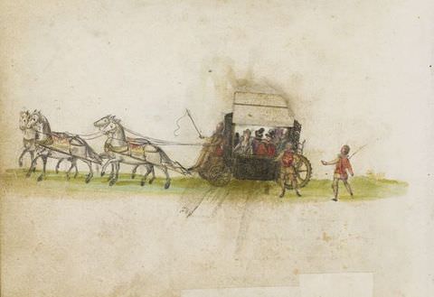 Drawing. A colourful drawing on white paper showing a carriage pulled to the left by four white horses across a patch of green grass. The carriage contains a cluster of people wearing tall hats, and two people wearing red and yellow stand on the ground to the side of the carriage.