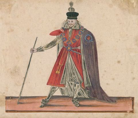 Drawing, A colourful drawing showing a man standing on a rectangle of brown floor, wearing a long red tunic, a purple cape, and a black hat with a feather at the back. He holds a staff in his right hand. 
