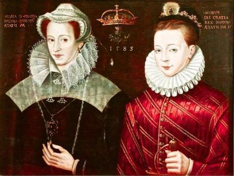 Painting. A colourful portrait showing a woman on the left, and a young man on the right, seen from a head to shoulder view. Situated against a dark brown backdrop, they both wear historical clothing, with stiff, white collars and intricate headdresses. She wears a black dress, while he is dressed in red. Between them is a painted gold crown, below which reads the date ‘1583’. 