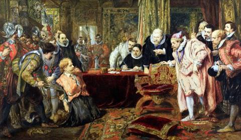 Painting. Large historical painting showing a group of men in early modern European dress gathered in an ornate interior; at the centre, a kneeling man is held by attendants before a table where an official writes, while surrounding figures stand, gesture, or observe, with decorative tapestries, armour, and carved furniture filling the space.