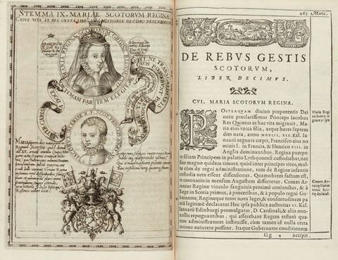 Pages of a book. A book is laid open to reveal a double page spread. On the left are several illustrations – a woman wearing a crown is contained within a circle, as is a young boy below her. Below them is the British royal insignia, featuring a lion and a unicorn. On the right is a passage of text, bearing the title, ‘DE REBUS GESTIS’. 