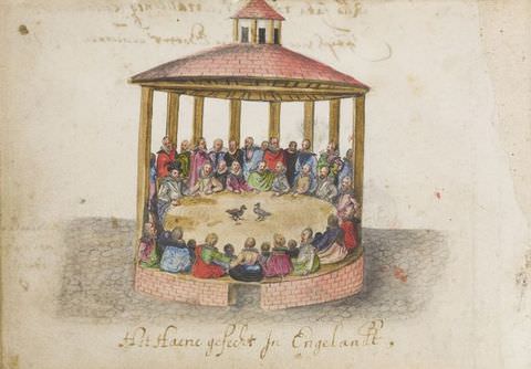 Drawing. A colourful drawing of a small circular structure held up by a series of pillars, with a lightly domed ceiling. The front of the building is open to reveal a cluster of people in colourful clothing seated around a circular table, where two birds can be seen in the centre.