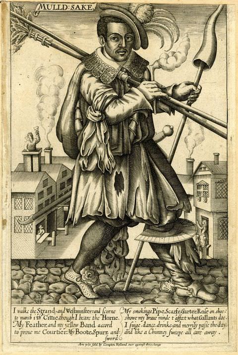 Page of a book. In this black and white book page we see an illustration of a man dressed in old fashioned, worn clothing with holes in them, taking strides across a roughly cobbled ground. He carries long poles over one shoulder, and another upright in his other hand. Buildings can be seen beyond him in the distance. A passage of text runs below him.