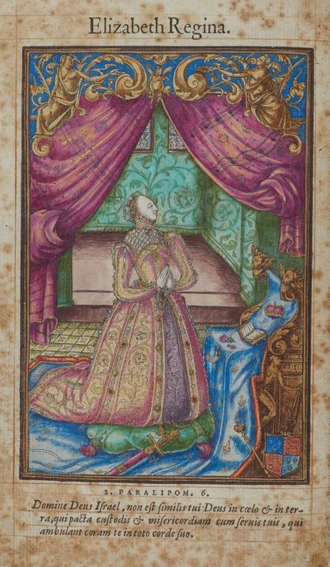 Photograph. This colourful illustration shows a woman in a traditional dress with corset and full skirt kneeling on the floor within a lavishly decorated interior filled with colourful fabric. Above her is a passage of text reading,’ Elizabeth Regina’.