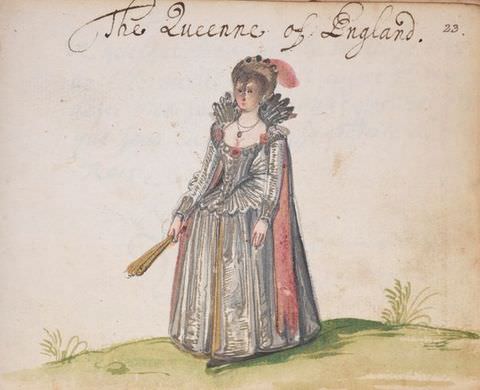 Drawing. A colourful drawing of a woman standing on a patch of green grass, wearing a silver and pink dress with a corset waist and full, floor-length skirt. She has a stiff upright collar and a feathered hat. Above her text reads, ‘The Lucenne of England’.