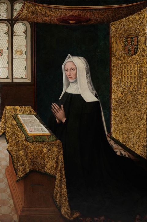 Painting. A coloured painting of a woman in nun’s clothing kneeling before an open book laid out on a low block, seen from a slight side on view. She holds her hands together as if praying. A lead-lined church window is visible in the distance while fabric is suspended from the ceiling above her.