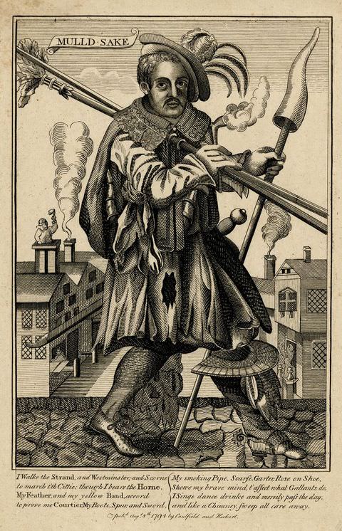 Page of a book. In this black and white book page we see an illustration of a man dressed in old fashioned, worn clothing with holes in them, taking strides across a roughly cobbled ground. He carries long poles over one shoulder, and another upright in his other hand. Buildings can be seen beyond him in the distance. A passage of text runs below him.