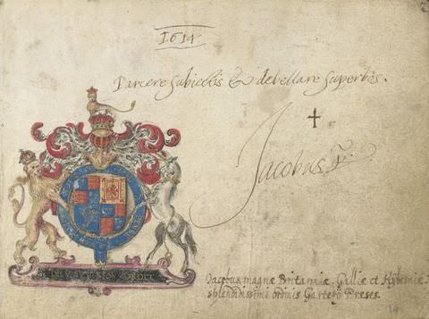 Colour photograph. Documentation of a handwritten note on white, aged paper with various patches of light brown staining. The colourful British insignia adorns the left side of the paper, while loosely handwritten text on the remaining paper includes the date ‘1614’, and the name ‘Jacobus’. 