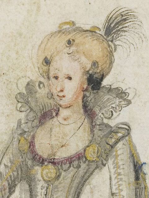 Drawing. A portrait of a woman seen from head to upper waist. She has a large, puffy hairstyle, decorated with jewels at the front and a feather at the back. We see the upper part of her grey dress, with a stiff, protruding lace collar, and puff sleeves. 