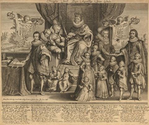 Print. This black and white, landscape format book page is dominated by an illustration showing a royal person seated on a throne, wearing an ornate crown. They are surrounded by formally dressed people. Below the image, a passage of text can be seen.